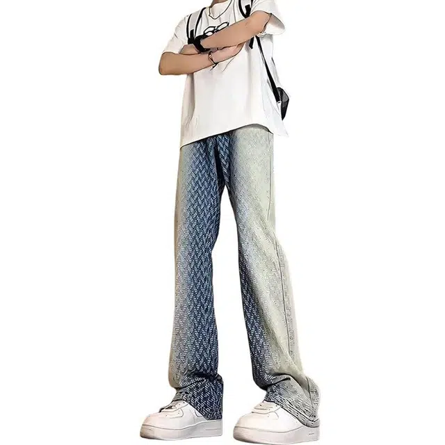 大白鲨 美式复古渐变扎染编织宽松小众设计工装直筒长裤牛仔裤 男女同款
