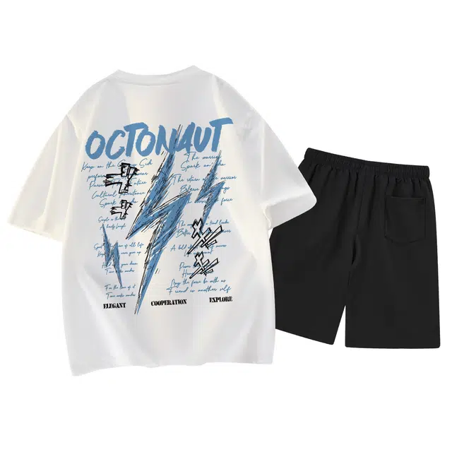 海底小纵队 个性美式高街手绘涂鸦画笔四芒星闪电彩色字母印花宽松透气圆领套头打底直筒垂感纯色直筒短袖短裤休闲运动套装 男女同款