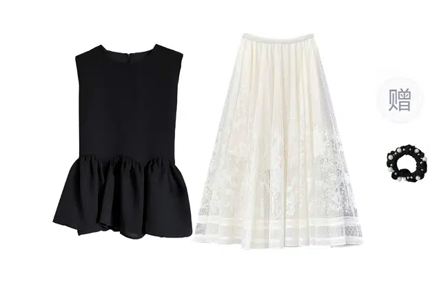 雾闪闪 法式名媛风无袖圆领宽松背心高腰显瘦蕾丝半身裙裙装套装 女款