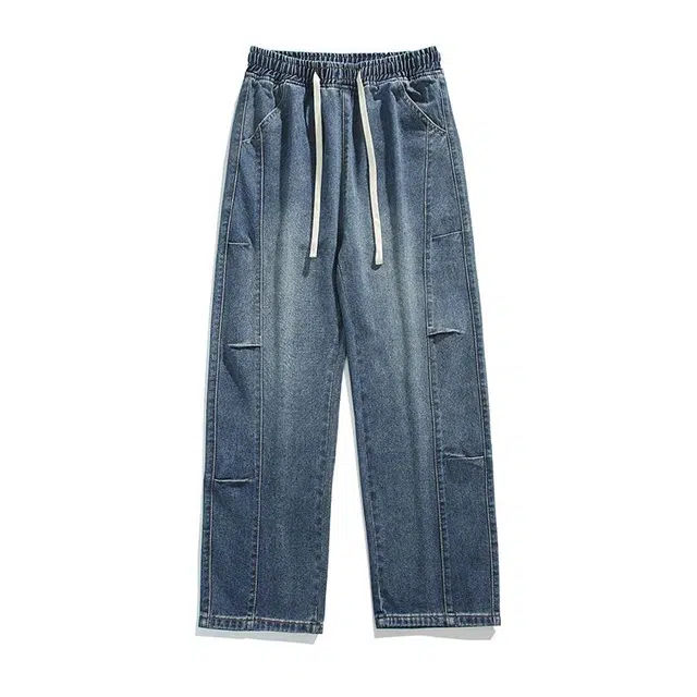 宝米卡 春季宽松直筒港风基础款百搭水洗拖地牛仔裤 男女同款