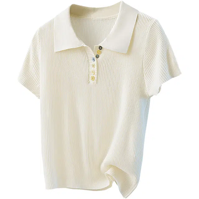 丝柏舍 彩色纽扣翻领套头修身短款简约正肩短袖针织衫 女款