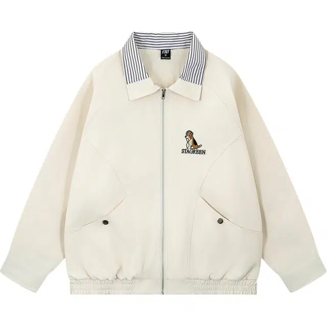 雅鹿 复古小狗刺绣翻领动物常规长袖宽松型夹克外套 男女同款