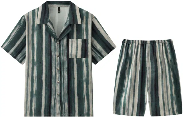 宫蝶 东南亚风情系列 短袖复古风薄款家居服条纹开衫休闲睡衣套装 男款