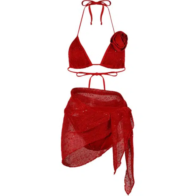 潞优野 手工花朵性感聚拢温泉度假分体泳衣高级三件套比基尼 女款