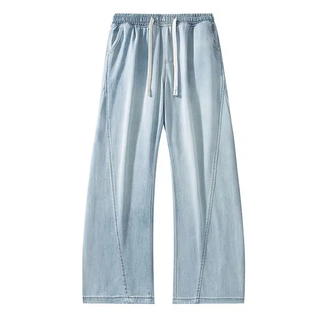 宝米卡 春季宽松直筒港风松紧系带垂感拖地牛仔裤 男女同款