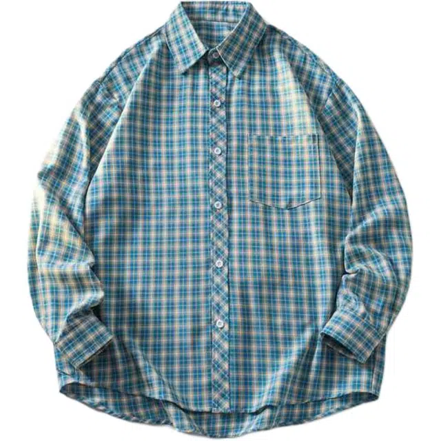 颂希尔 美式潮牌格子宽松复古小清新长袖衬衫 男女同款