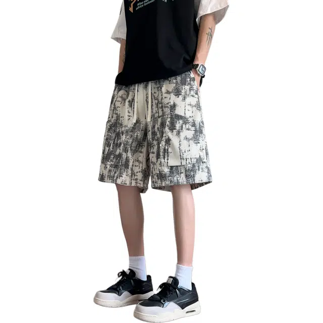 颂希尔 水墨风扎染撞色五分潮牌高级感薄款透气直筒宽松百搭休闲短裤 男女同款