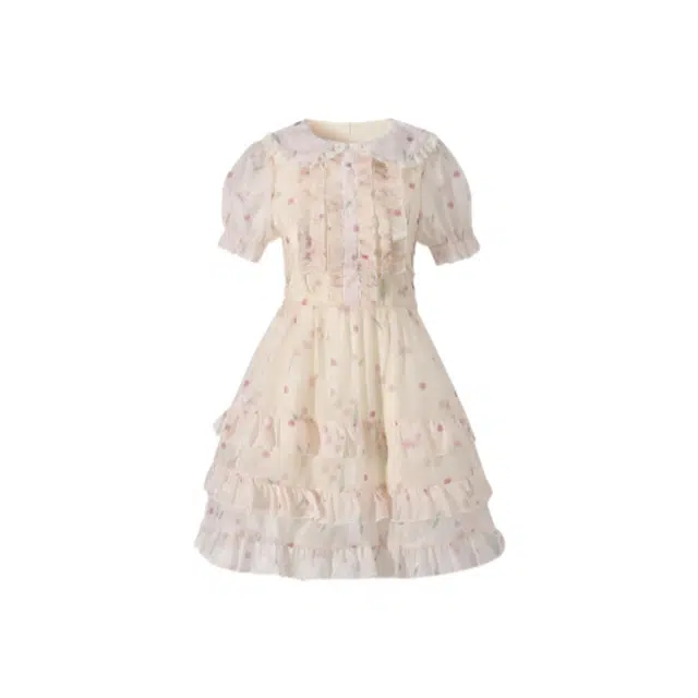 怪力萝莉 甜美郁金香印花娃娃领多层裙摆短袖连衣裙 女款