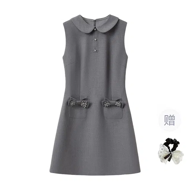 涂诗菲 法式千金风减龄娃娃领手工蝴蝶结钉钻千金感收腰显瘦无袖连衣裙 女款