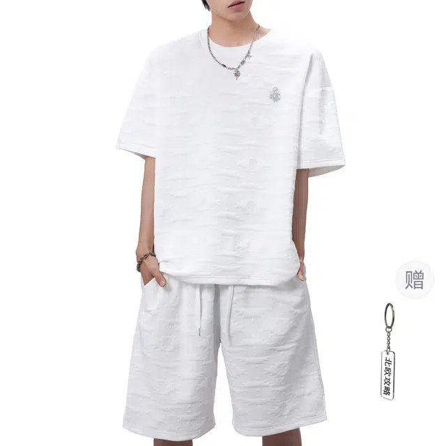 北欧攻略 高级感纹理柔软舒适亲肤透气凉感懒人免搭一套文艺风短袖短裤休闲运动套装 男女同款