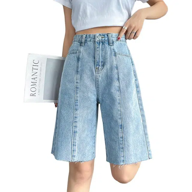 法文箱子 宽松直筒显瘦常规高腰五分裤牛仔短裤 男女同款