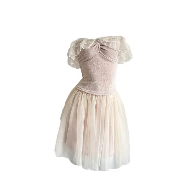 敲模女孩 纯欲风辣妹修身一字肩荷叶边抹胸上衣高腰网纱蓬蓬短裙裙装套装 女款