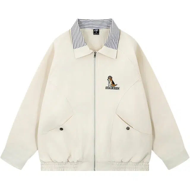 雅鹿 复古小狗刺绣翻领动物常规长袖宽松型夹克外套 男女同款