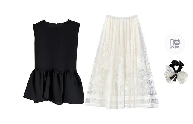 涂诗菲 法式名媛风无袖圆领宽松背心高腰显瘦蕾丝半身裙裙装套装 女款