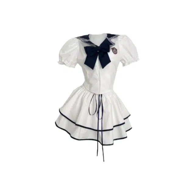怪力萝莉 日系辣妹纯欲甜美制服学院风蝴蝶结短袖高腰蓬蓬短裙裙装套装 女款