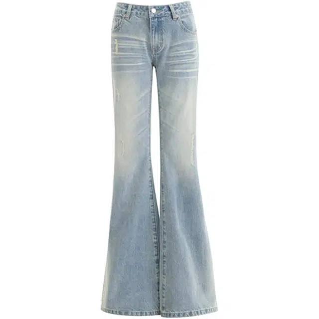 拾籍 复古蕾丝拼接低腰显瘦微喇设计百搭舒适修身拖地裤牛仔裤 女款