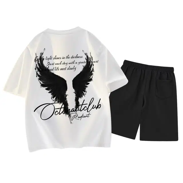 海底小纵队 美式复古高街羽毛翅膀手写艺术体字母印花学院风重磅纯棉宽松潮流直筒运动通勤百搭透气垂感舒适休闲运动套装 男女同款