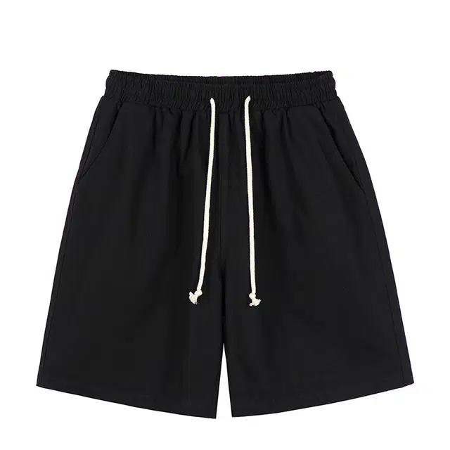 加荣 纯棉短裤男夏季薄款透气休闲裤宽松直筒裤夏天男士户外运动裤青少年美式篮球裤松紧腰裤子日系复古五分裤 男女同款 纯色简约中裤