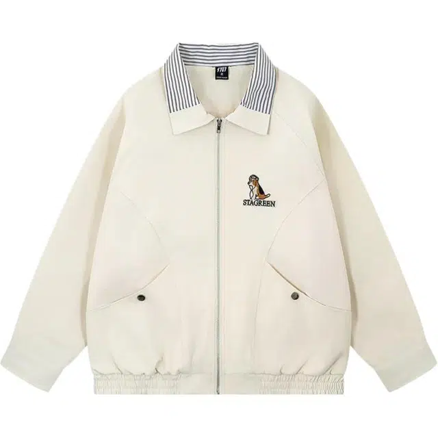 雅鹿 复古小狗刺绣翻领动物常规长袖宽松型夹克外套 男女同款