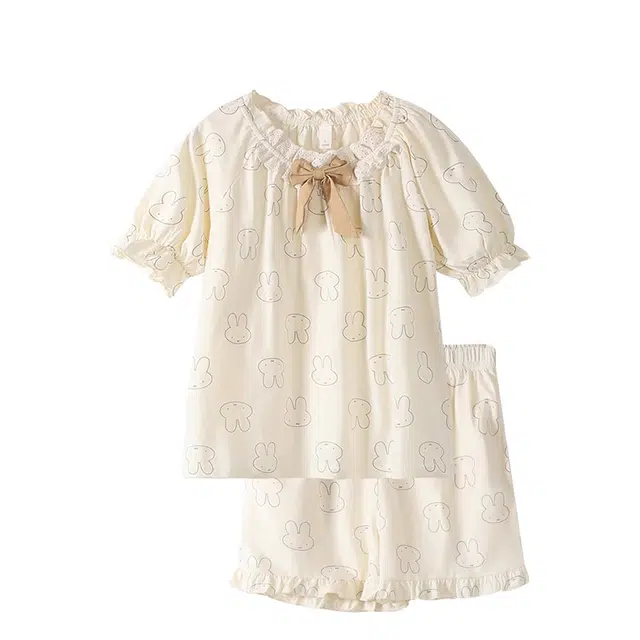 俏韵 圆领卡通花边蝴蝶结套头可爱小兔带胸垫家居服可外穿睡衣套装 女款