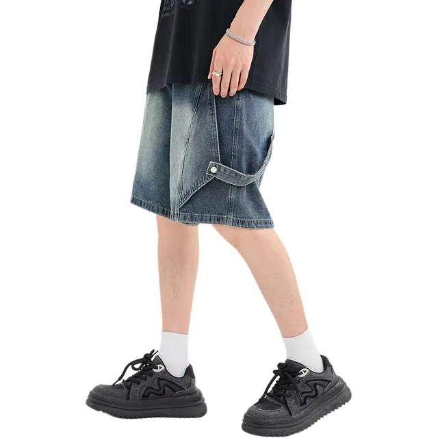 三福 飘带街潮宽松直筒裤中腰五分裤牛仔短裤 男款