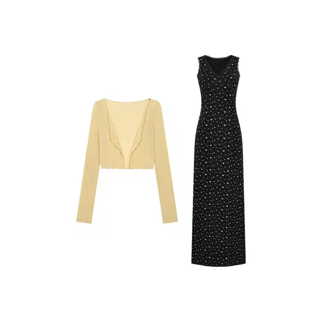 沐晓欣 法式高级感性感穿搭甜美优雅碎花包臀修身高腰连衣裙长袖度假日常时尚裙装套装 女款