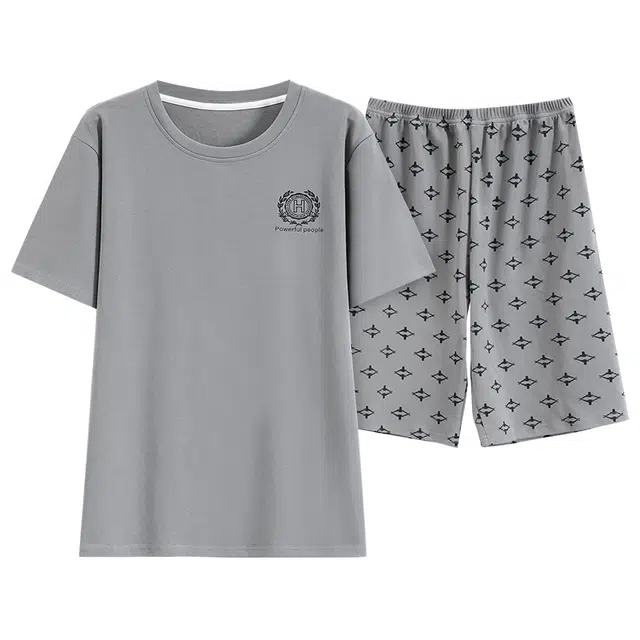 顶瓜瓜 舒适短袖上衣可外穿简约家居服五分裤睡衣套装 男款