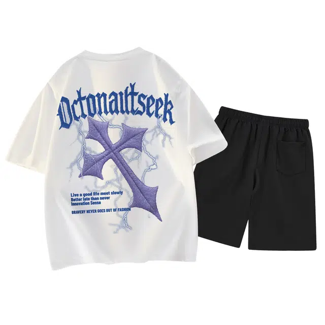 海底小纵队 炫酷个性潮流美式高街仿万针十字架四芒星闪电字母百搭宽松落肩短袖纯棉垂感休闲运动套装 男女同款