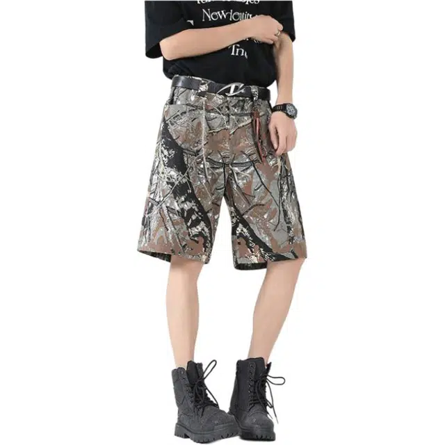 法文箱子 美式复古树枝纹理感高街小众设计感五分休闲短裤 男款