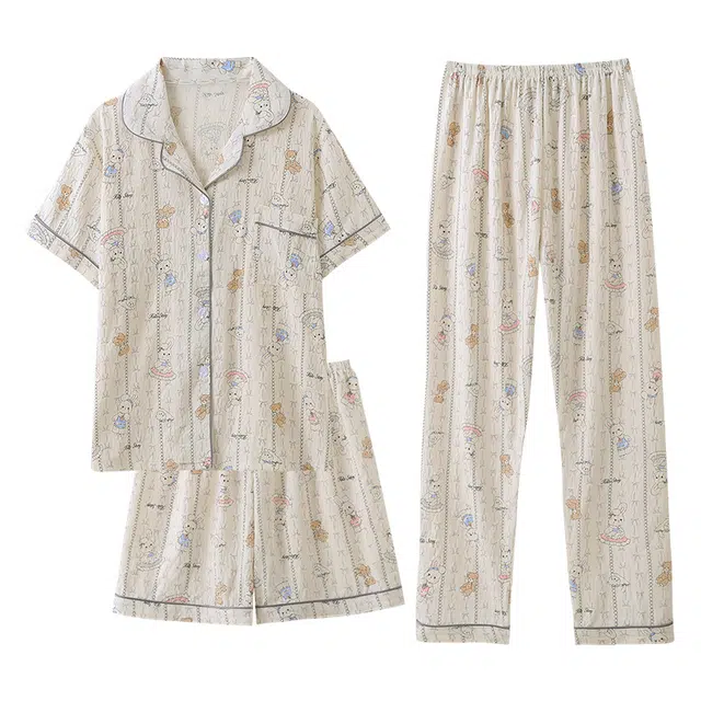 向薇 三件套短袖可爱甜美薄款家居服休闲可外穿睡衣套装 女款