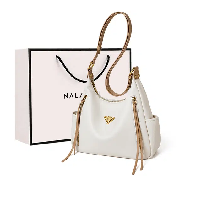 纳兰杜 高级感时尚潮流百搭 牛皮 单肩包 大号 女款 米白拼杏色
