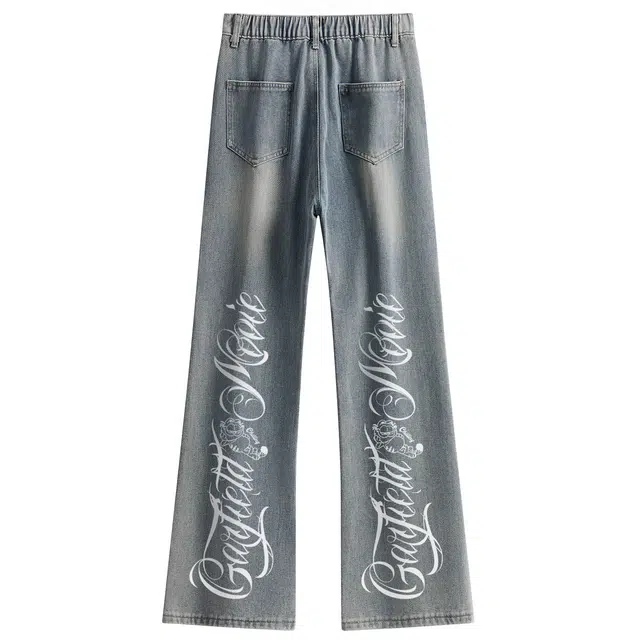 加菲猫家族 美式复古水洗做旧个性艺术字母印花宽松舒适透气直筒垂感显高时尚街头痞帅学院风中腰微喇牛仔裤 男女同款