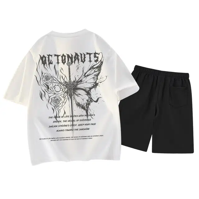 海底小纵队 美式复古高街半花半蝶圣剑趣味字母印花高品质宽松国潮户外打底衫落肩套头五分裤篮球健身直筒纯色休闲运动套装 男女同款