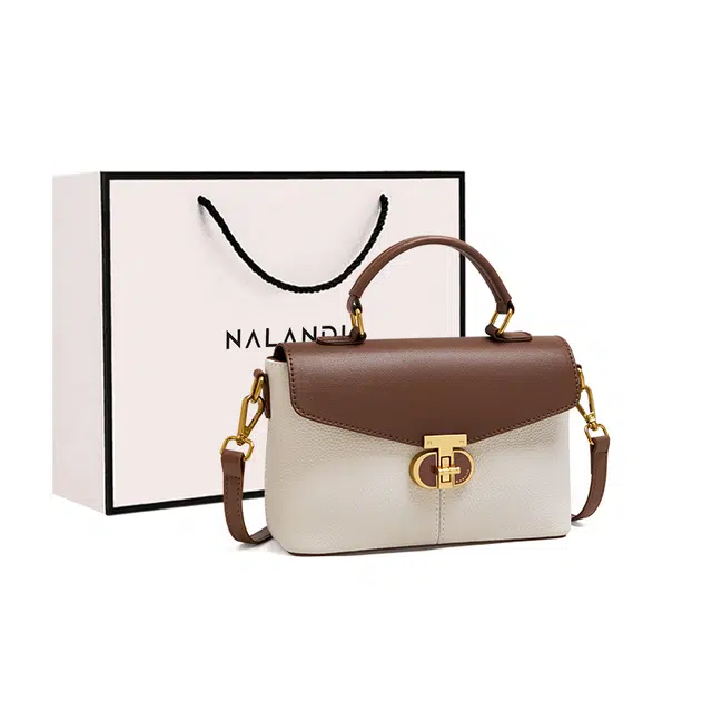 纳兰杜 气质优雅百搭大气高级感上班通勤 牛皮 单肩斜挎手提包 中号 女款 米白拼棕色