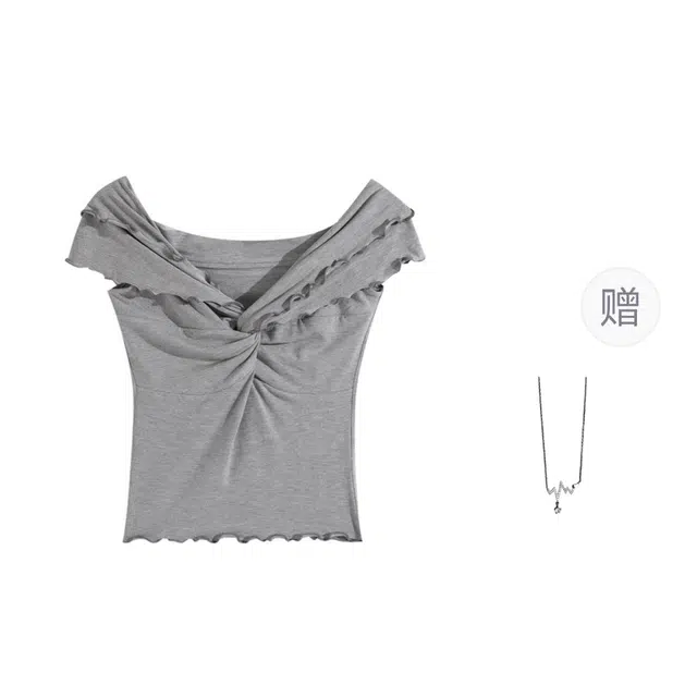 识恩 木耳边褶皱一字肩法式气质短款修身显瘦上衣夏背心 女款