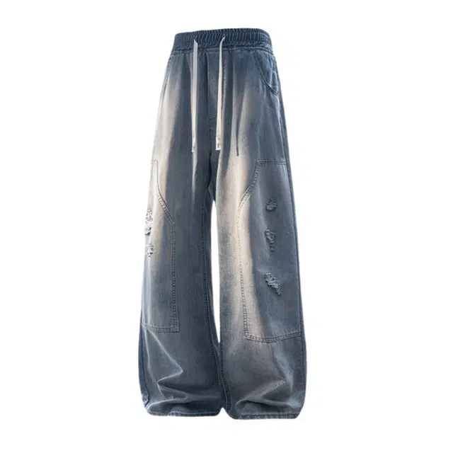 加荣 刺绣弯刀牛仔裤子夏季薄款透气设计感宽松垂感美式复古水洗做旧破洞牛仔裤高腰显瘦宽松直筒阔腿拖地长裤 男女同款