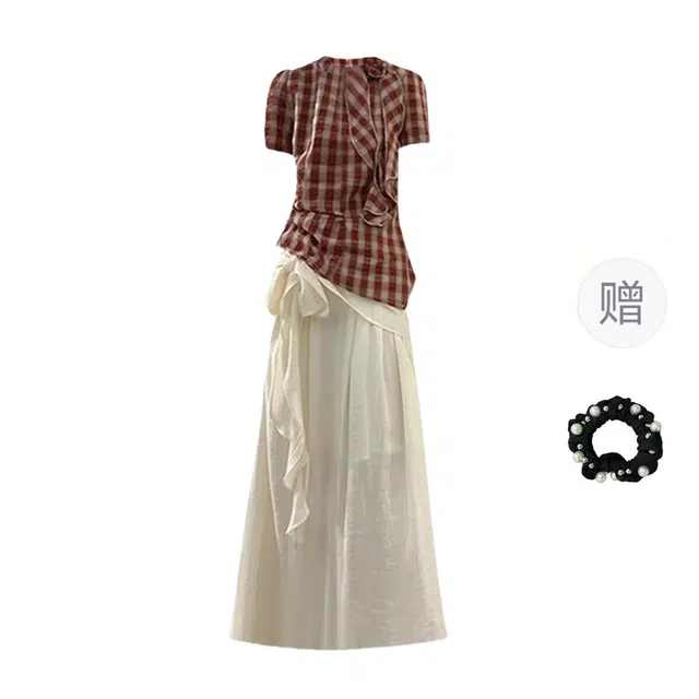 雾闪闪 韩系气质圆领格纹短袖花朵上衣设计感绑带半身裙两件套裙装套装 女款