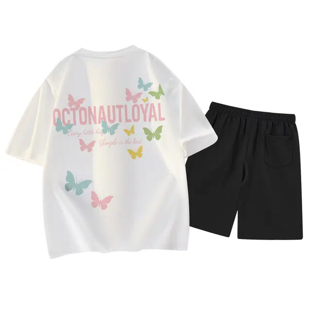 海底小纵队 美式高街多巴胺色系飞舞蝴蝶涂鸦字母慵懒氛围感学院风圆领上衣短袖直筒透气户外五分裤休闲运动套装 男女同款