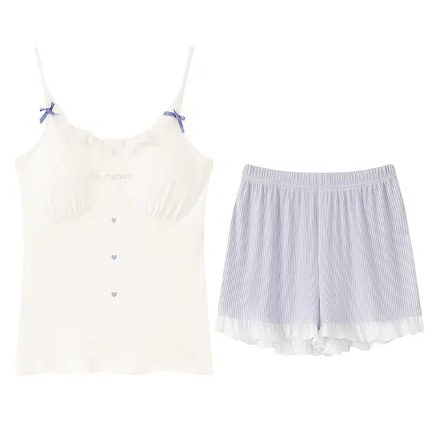 俏佳人 带胸垫纯欲风舒适透气亲肤休闲可外穿无袖小吊带家居服三分裤睡衣套装 女款