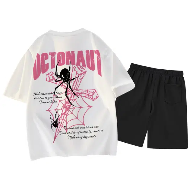 海底小纵队 美式高街暗黑蜘蛛字母纯棉打底衫圆领套头宽松潮流上衣垂感抽绳跑步健身系带五分舒适休闲运动套装 男女同款