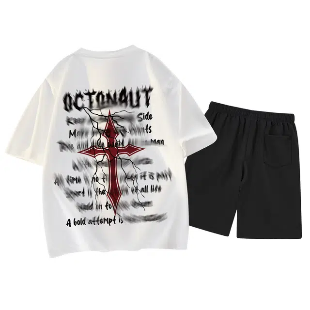 海底小纵队 美式高街嘻哈潮流旋涡十字架虚幻字母宽松透气舒适圆领裁剪落肩纯棉系带垂感休闲运动套装 男女同款