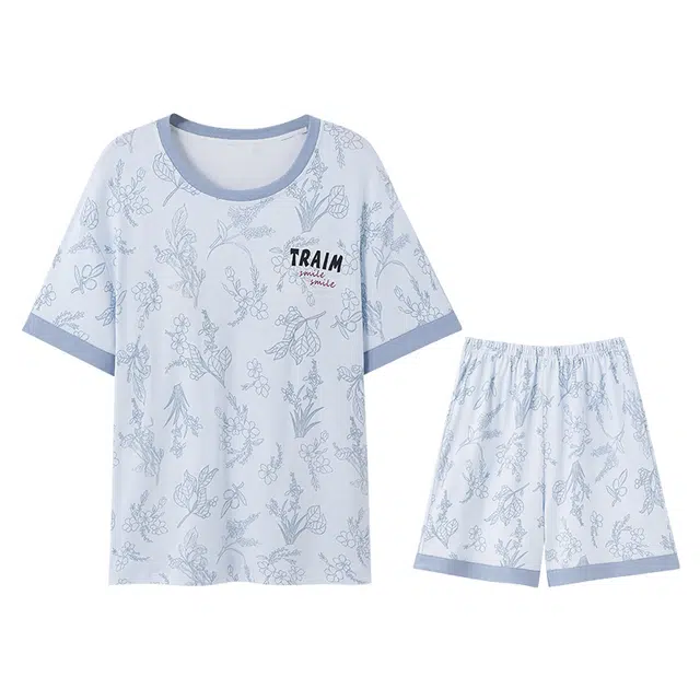 向薇 圆领套头带胸垫短袖短裤简约可外穿家居服睡衣套装 女款