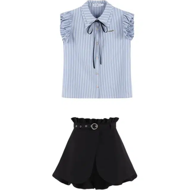 怪力萝莉 学院风休闲时尚高级感甜美小个子条纹衬衫短裤两件套裙装套装 女款