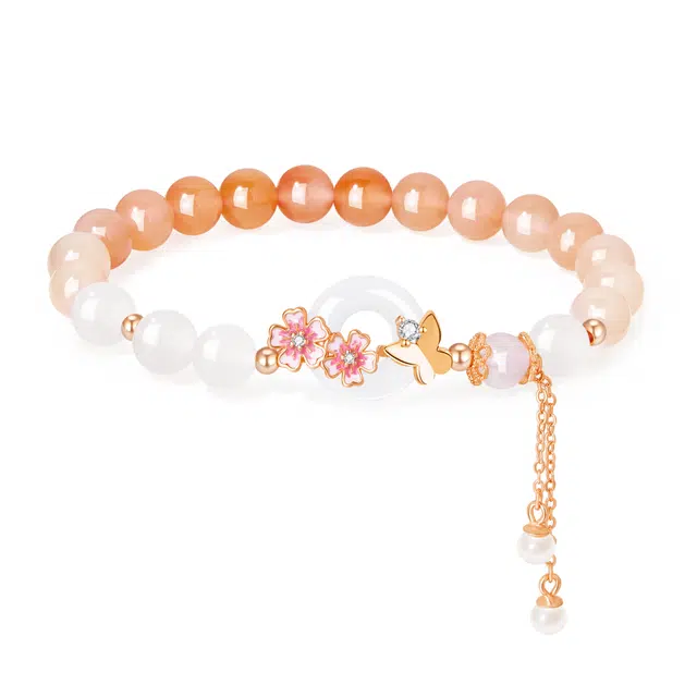 老凤祥 【原创】蝶恋桃花平安扣 温柔新中式气质高级感 简约日常百搭 小众花朵流苏设计 转运珠#好运天然 粉水晶 手链 女款