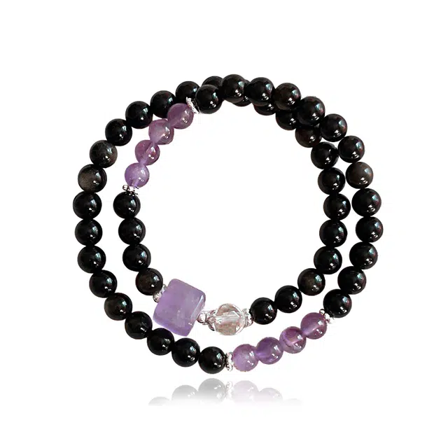 克兰茜 紫气东来 紫水晶方糖转运圆珠串 小众轻奢简约高级感设计 优雅大气个性时尚 日常通勤精致百搭 精美礼盒 好运 黑曜石 手串 女款