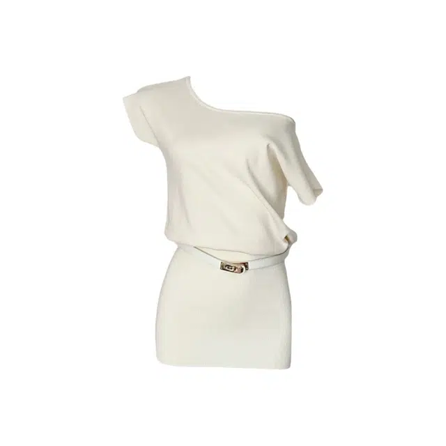 沐晓欣 韩系温柔风高级感小众不规则斜肩绝美洋气收腰气质包臀裙纯欲惊艳绝美千金风穿搭超仙设计感迷人大方短袖连衣裙 女款