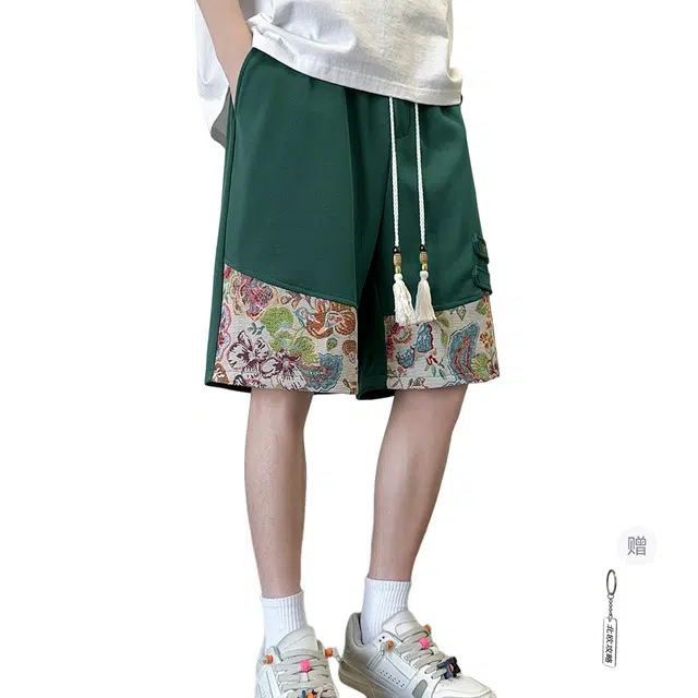 北欧攻略 夏季美式高街五分裤字母绣花拼接撞色植物元素潮牌品质透气大码休闲短裤 男女同款