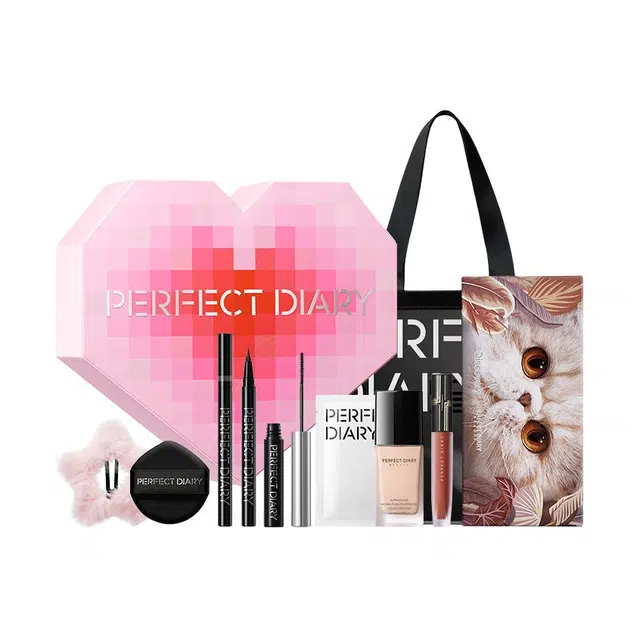 完美日记 心动系列 专属口红粉饼散粉唇釉眼影精致全妆少女感时尚潮流日常彩妆套装 控油持久哑光雾面不脱妆服帖不卡粉遮瑕定妆 粉色系