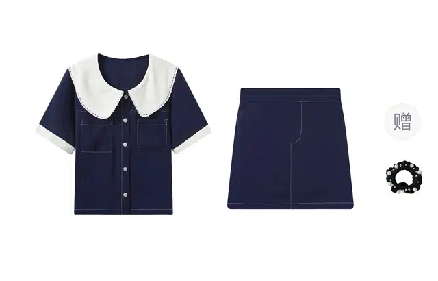 雾闪闪 娃娃领蕾丝花边短袖上衣高腰遮肉半身裙两件套裙装套装 女款