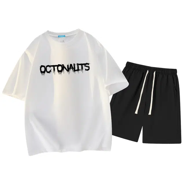 海底小纵队 美式高街背面个性创意棘刺围绕十字架点缀波点蝴蝶字母印花透气舒适宽松圆领套头垂感直筒抽绳系带休闲运动套装 男女同款